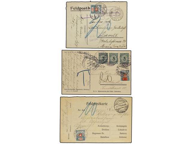 ALEMANIA. 1915-24. 3 Military Cards With Swiss Postage Due Stamps. - Autres & Non Classés