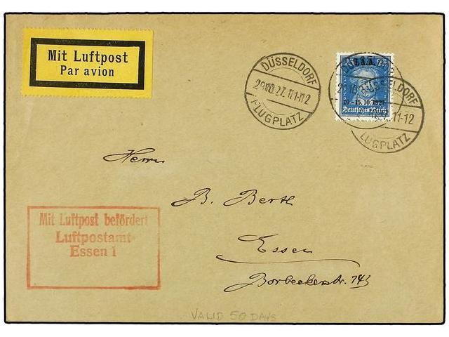 ALEMANIA. 1927. Air Cover To ESSEN Franked 25 Pf. International Labour Office Overprint, Cancelled DUSSELDORF FLUGPLATZ - Autres & Non Classés