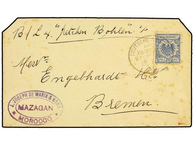 MARRUECOS ALEMAN. 1898 (July 15). Cover From MAZAGAN To BREMEN With Toned 20pf. Ultramarine Tied By Oval DEUTSCHE SEEPOS - Autres & Non Classés
