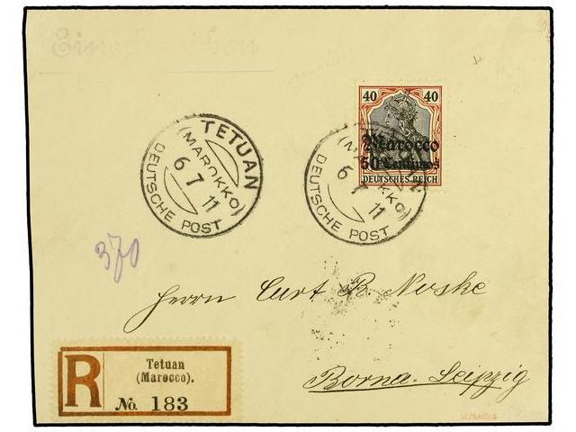 MARRUECOS ALEMAN. 1911 (July 6). TETUAN. Registered Cover To LEIPZIG Franked By Single Usage Of Gothic December 1908 50c - Autres & Non Classés