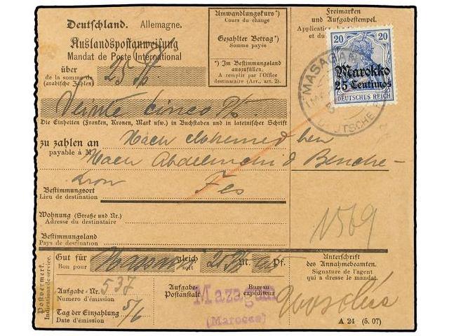 MARRUECOS ALEMAN. 1914 (June 5). Money Order Card From MAZAGAN To FES Franked By Single  1911 25cs. On Germania 20pf. Bl - Autres & Non Classés