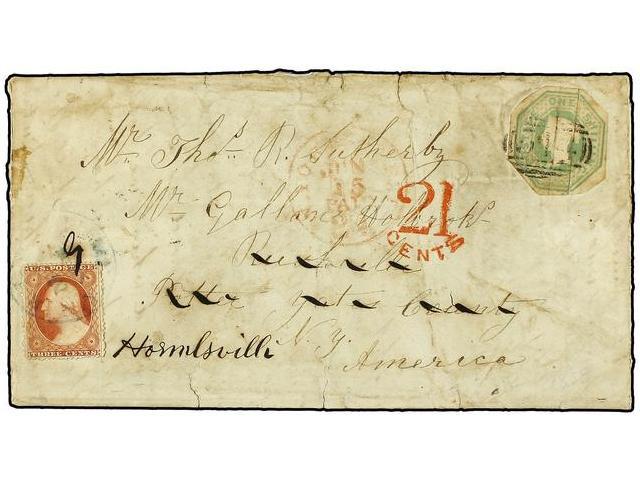 GRAN BRETAÑA. 1858. LONDON To YATES COUNTY (U.S.A.). 1 Sh. Green Redirected To HORMLSVILLE With U.S.A. 3 Cents Brown. Co - Autres & Non Classés