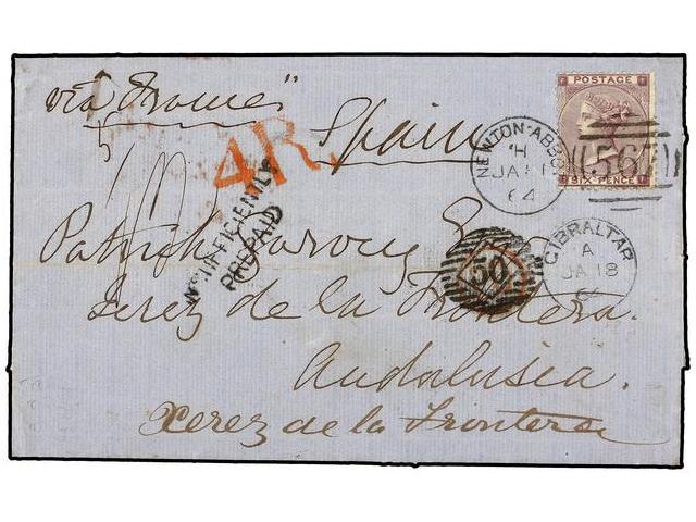 GRAN BRETAÑA. Sg.84. 1864. Entire Letter To JEREZ DE LA FRONTERA (Spain), Endorsed ´Via France´ And Franked By 1862 6 D. - Autres & Non Classés