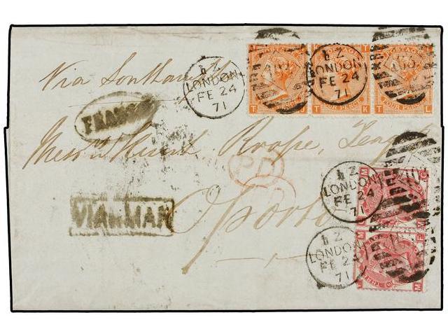 GRAN BRETAÑA. Sg.94 (3), 103 (2). 1871. LONDON To OPORTO (Portugal). 3d. Rose (2) And 4d. Vermilion (3), One With Contem - Autres & Non Classés