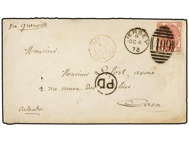 GRAN BRETAÑA. 1873. JERSEY To CAEN. 4 P. Rose With JERSEY 409 Duplex Cancel, And ILES C./GRANVILLE Cds In Red. Very Fine - Autres & Non Classés