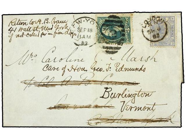 GRAN BRETAÑA. 1883. LONDON To NEW YORK. 2 1/2 D. Blue Redirected To VERMONT With U.S.A. 3 Cents Green Stamp (light Fault - Autres & Non Classés