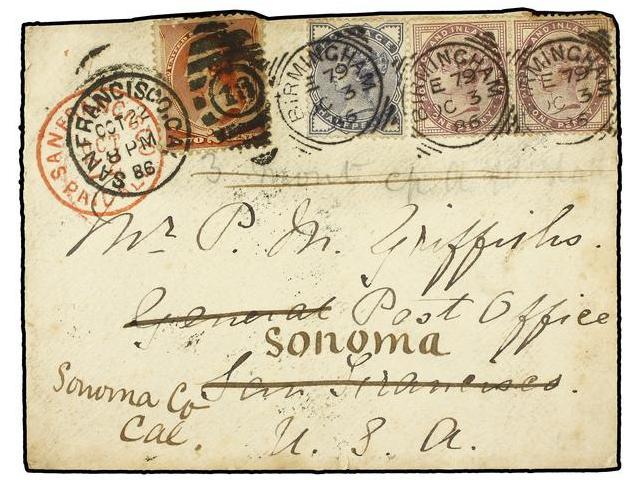 GRAN BRETAÑA. 1886. BIRMINGHAM To SAN FRANCISCO (U.S.A.). 1 D. Lilac (2) And 1/2 P. Blue Redirected To SONOMA With U.S.A - Autres & Non Classés