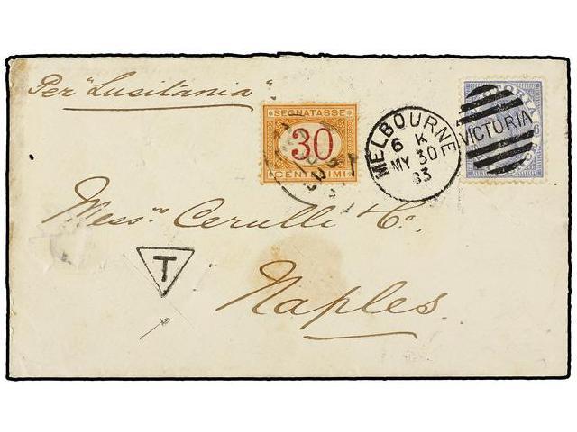 AUSTRALIA. Sc.116. 1883 (May 30). Cover To ITALY Endorsed ´per Lusitania´ Franked By 1867-78 6d. Blue Tied By MELBOURNE - Autres & Non Classés