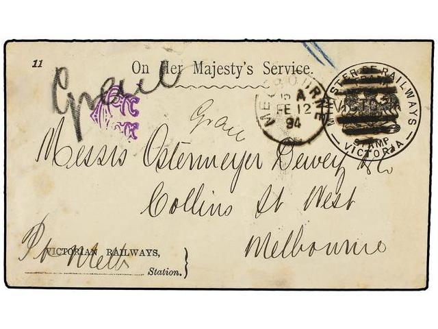 AUSTRALIA. 1894. MELBOURNE. Oficial Envelope O.H.M.S. MINISTER OF RALLWAYS STAMP/ VICTORIA. - Autres & Non Classés