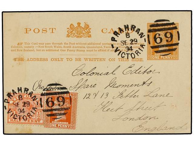 AUSTRALIA. 1894. PRAHAN (Victoria) To LONDON. 1 P. Postal Stationary Card Uprated By 1/2 P. And 1 P. - Autres & Non Classés