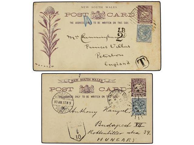 AUSTRALIA. 1896. NEW SOUTH WELLES. 2 Postal Stationary Cards Of 1 P.  Lilac Uprated By 1/2 P. Grey Stamp To Great Britai - Autres & Non Classés