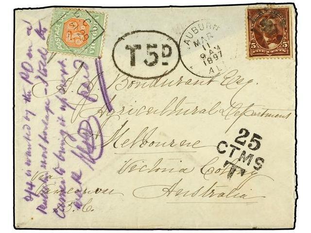 AUSTRALIA. 1897. AUBURN To MELBOURNE. 5 Cents Brown Taxed On Arrival With Victoria 5 D. Green And Red Stamp. One Flap Mi - Autres & Non Classés