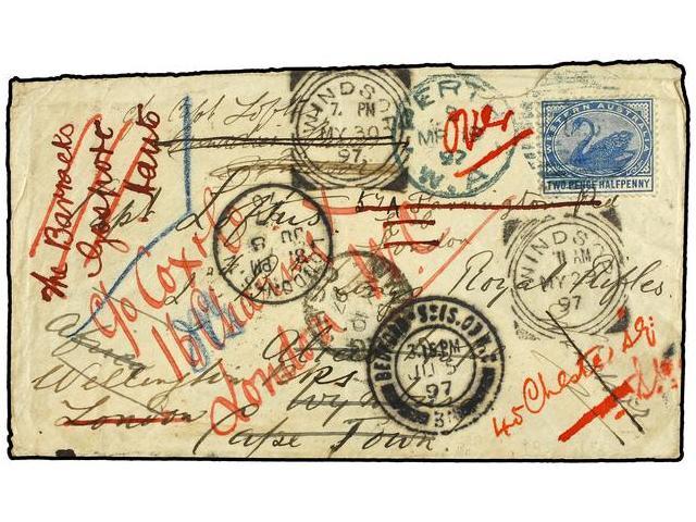 AUSTRALIA OCCIDENTAL. 1897. Multi Redirected Cover From PERTH Franked 2 1/2 D. Tied By PERTH G.P.O. Duplex Addressed To - Autres & Non Classés