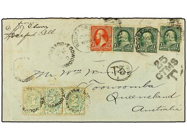 AUSTRALIA. 1903. U.S.A. To QUEENSLAND (Australia). 1 Cent Green (3) And 2 Cents Red, Taxed On Arrival With Australian 1 - Autres & Non Classés