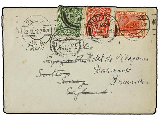 AUSTRALIA. 1912. PERTH To SURREY (Great Britain). 1 D. Red Redirected To FRANCE With British 1/2 D. And 1 D. Stamps. - Autres & Non Classés