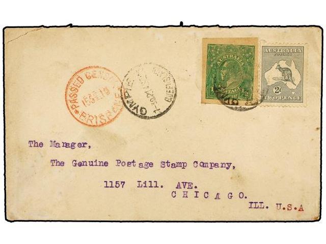 AUSTRALIA. 1915. GYMPIE To USA. 2 D. Grey And 1/2 D. Green (cut From A Postal Stationary). - Autres & Non Classés