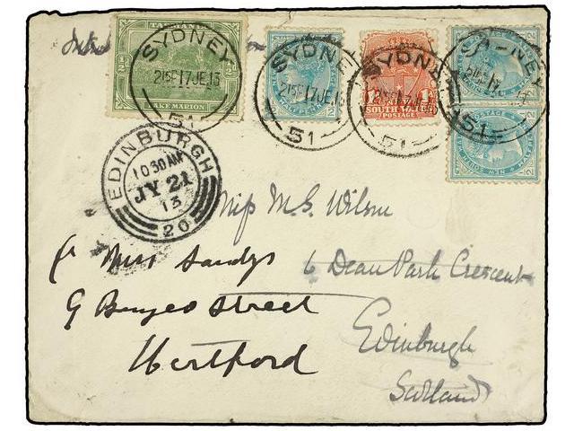 AUSTRALIA. 1921. SYDNEY To EDINBURGH And Redirected To HERTFORD. Franked By Tasmania 1/2 D. Green And New South Wales 1/ - Autres & Non Classés