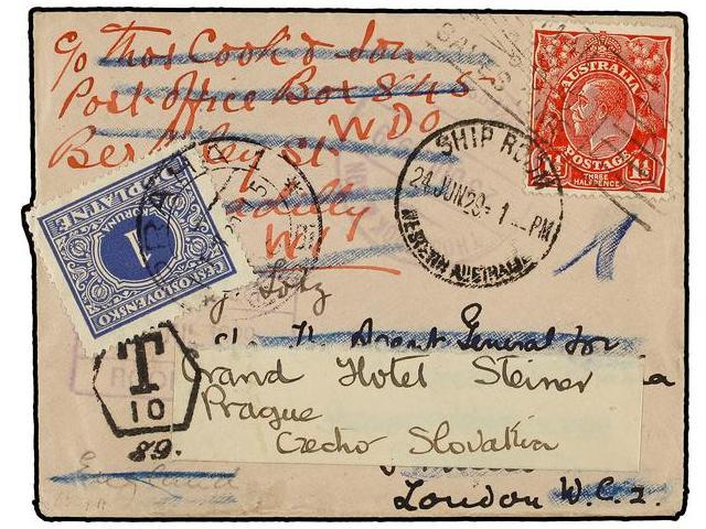 AUSTRALIA. 1929. SHIP ROOM To LONDON. 1 1/2 D. Redirected To PRAGUE (Czechoslovakia). Taxed On Arrival With Czech Stamp - Autres & Non Classés