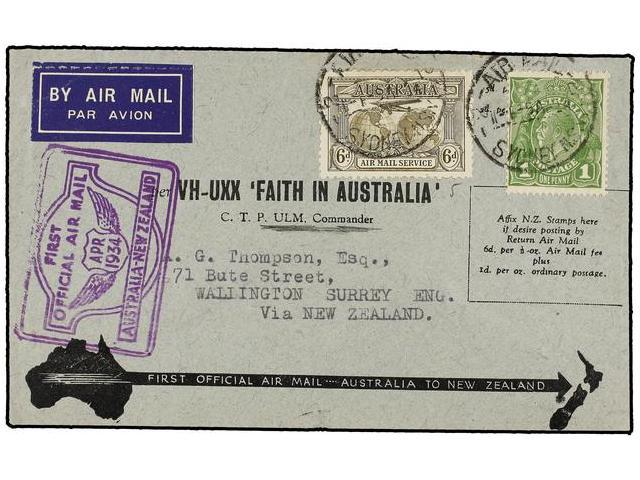 AUSTRALIA. 1934. SYDNEY To GRAN BRETAÑA. FIRST FLIGHT Cover AUSTRALIA-NEW ZEALAND, AUCKLAND Cds On Reverse. (Mu. 104). - Autres & Non Classés