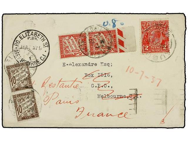 AUSTRALIA. 1937. AUBUHN To MELBOURNE Redirected To FRANCE. 2 P. Red. Taxed On Arrival With French 10 Cts. (2) And 30 Cts - Autres & Non Classés