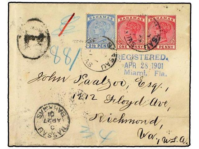 BAHAMAS. 1901. Registered Cover Used To USA Bearing 1 D. Pair & 2 D. (SG 48, 52) Tied By The NASSAU Cds´s & Backstamped - Autres & Non Classés