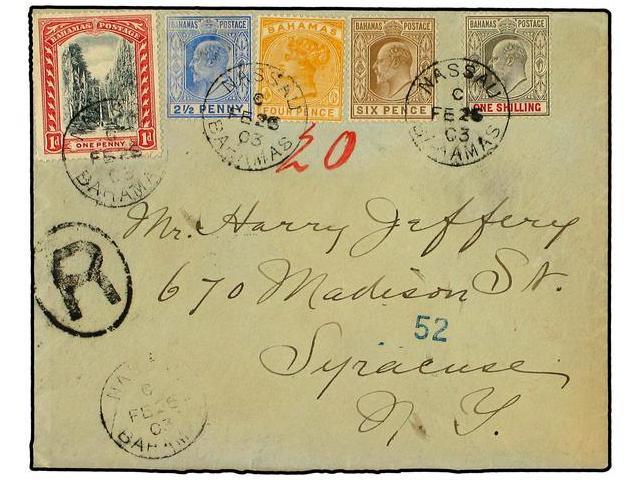 BAHAMAS. 1903. Registered Cover Used To NEW YORK Bearing 1 D. Stairs (SG 58) & 2 1/2 D., 4 D., 6 D. & 1/- Cancelled By T - Autres & Non Classés