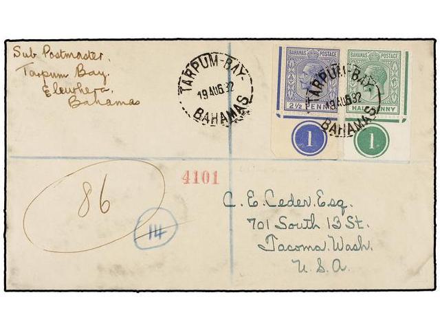 BAHAMAS. 1932. BAHAMAS To USA. 1/2 D. Green And 2 1/2 D. Blue With Plate Number ´1´ Arrival Cds On Reverse. - Autres & Non Classés