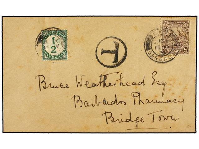 BARBADOS. 1936. BARBADOS To BRIDGETOWN. 1/4 D. Brown, Taxed With Barbados 1/2 D. Green Postage Due Stamp. - Autres & Non Classés