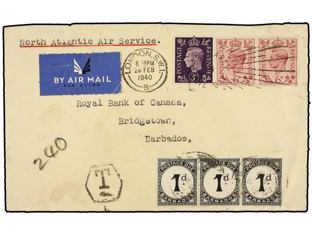 BARBADOS. 1940. LONDON To BRIDGETOWN. 3 D. Violet And 6 D. Lilac (2), Taxed On Arrival With Barbados 1 D. Black (3) Stam - Autres & Non Classés