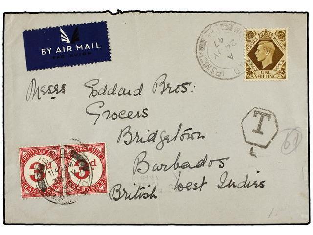 BARBADOS. 1947. GREAT BRITAIN To BARBADOS. 1 Sh. Yellow Brown, Taxed With Barbados 3 D. Red (2) Postage Due Stamps. - Other & Unclassified