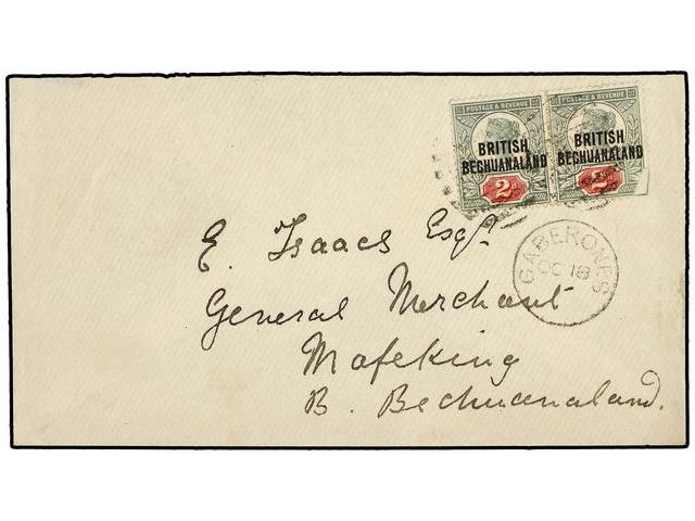 BECHUANALAND. Sg.34 (2). 1894. GABERONES To MAFEKING. 2 D. Green And Red Two Stamps (one Corner Fault), Arrival On Back. - Autres & Non Classés