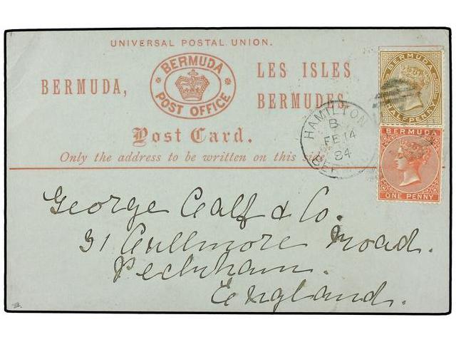 BERMUDAS. 1884 (Feb. 14). U.P.U. 1/2 D. Stone On Blue Formula Card, Setting C, Used To ENGLAND With 1883 1 D. Rose Tied - Autres & Non Classés