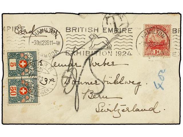 BERMUDAS. 1923. HAMILTON To SWITZERLAND.1 D. Red, Taxed On Arrival With Swiss Stamps Of 5 And 50 Cts. - Autres & Non Classés