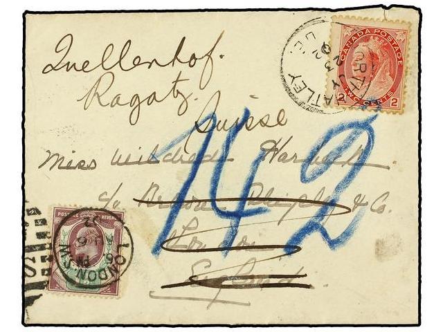 CANADA. 1902. NORTH HATLEY To LONDON. 2 Cents Red Redirected To SWITZERLAND With Great Britain 1 1/2 D. Stamp. - Autres & Non Classés