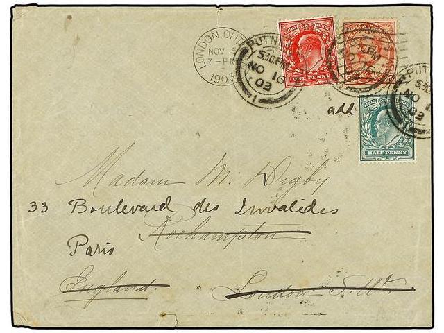 CANADA. 1903. LONDON (Canada) To LONDON. 2 Cents Red Redirected To PARIS With Great Britain 1/2 D. Green And 1 D. Red St - Autres & Non Classés