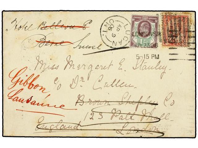 CANADA. 1906. LUGAN To LONDON. 2 Cents Red Redirected To SWITZERLAND With Great Britain 1 1/2 D. Stamp. - Autres & Non Classés