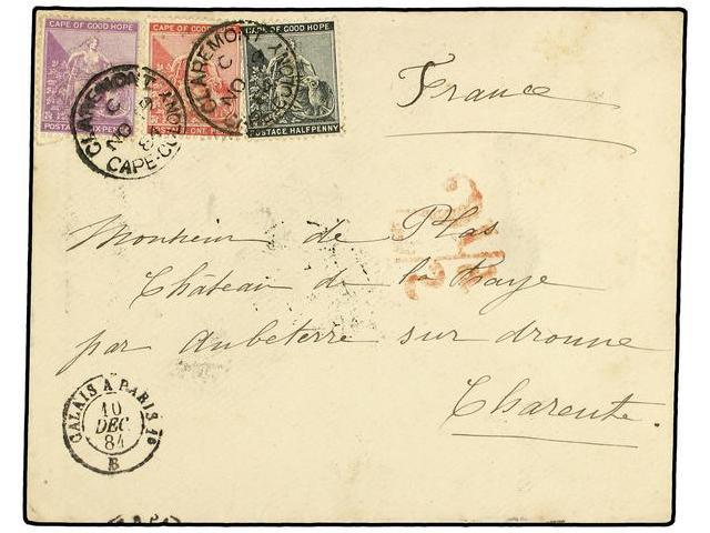 CABO DE BUENA ESPERANZA. 1884 (Nov 19). Cover To CHARENTE (France) Franked By Hope 1882-86 ½d. Grey, 1d. Rose And 6d. Ma - Autres & Non Classés