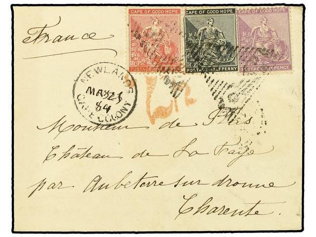 CABO DE BUENA ESPERANZA. 1884. Cover To FRANCE With 1882 1/2 D. Grey Black, 1 D. Rose And 6 D. Bright Violet All Tied By - Autres & Non Classés