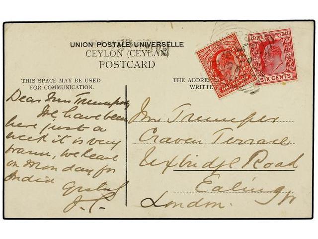 CEILAN. 1904. GALLE To LONDON. Postcard Franked With 6 Cents Rose And Great Britain 1 D. Red. - Autres & Non Classés