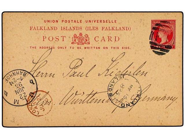 FALKLAND. 1895. 1 D. Postal Stationery Card Cancelled By The F1 Numeral Supported By The FALKLAND ISLANDS Cds, Used To G - Autres & Non Classés