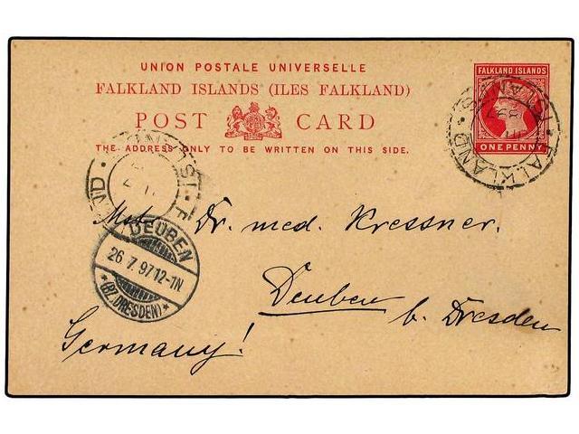 FALKLAND. 1897. 1 D. Postal Stationery Card Used To GERMANY Cancelled By The FALKLAND ISLANDS Cds. - Autres & Non Classés