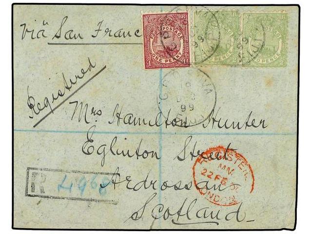 FIJI. 1899. Registered Cover To SCOTLAND Franked By 1891-1899 Per Ff 1 D. Rosy Mauve And 2x 2 D. Pale Green Tied By GPO - Autres & Non Classés