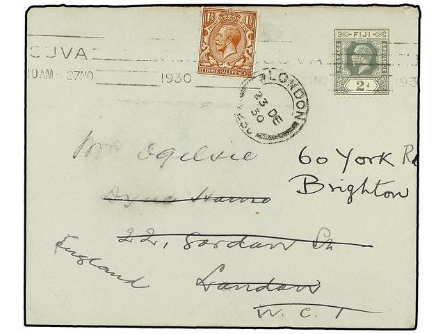 FIJI. 1930. TOUVA To LONDON. 2 D. Grey Redirected To BRIGHTON With British 1 1/2 D. Brown Stamp. - Autres & Non Classés