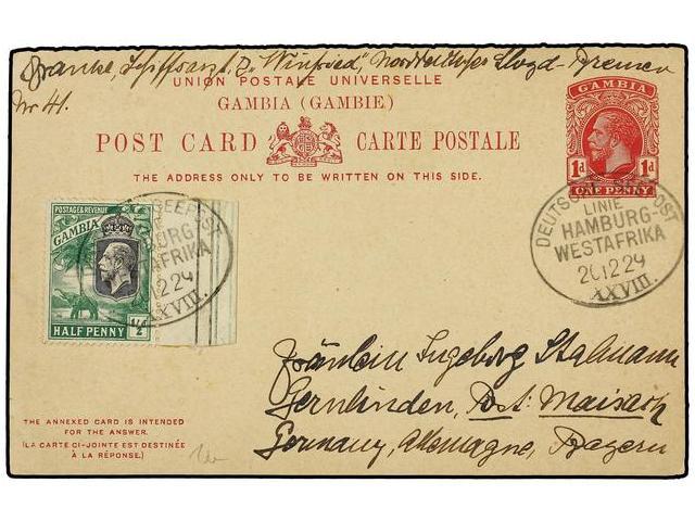GAMBIA. 1929. SASSANDRA (Ivory Coast) To GERMANY. Gambia Postal Stationery Card Of 1 P. Red Uprated 1/2 R. Green Tied By - Autres & Non Classés