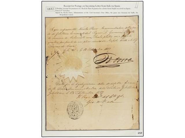 GIBRALTAR. 1837. RECEIPT For Postage On Incoming Letter From NAPOLI. Signed By Nicola Porro Administrator Of The Post Of - Autres & Non Classés