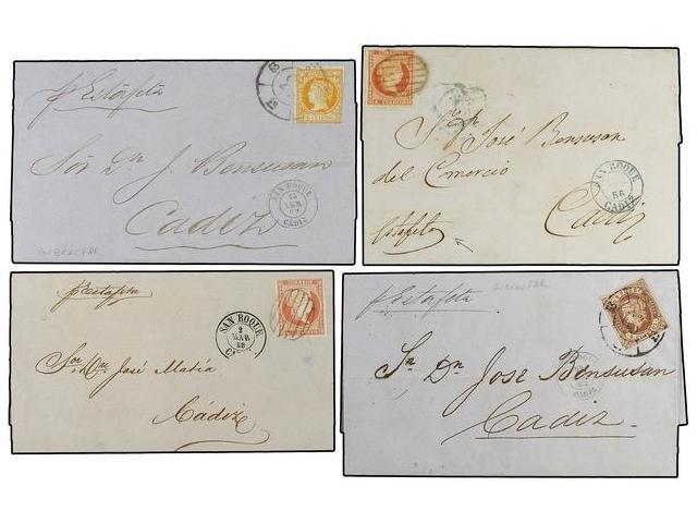 GIBRALTAR. 1856-60. Four Letters From GIBRALTAR To CADIZ Sent With Spanish Stamps Of 4 Cuartos, Tied In San Roque. - Autres & Non Classés