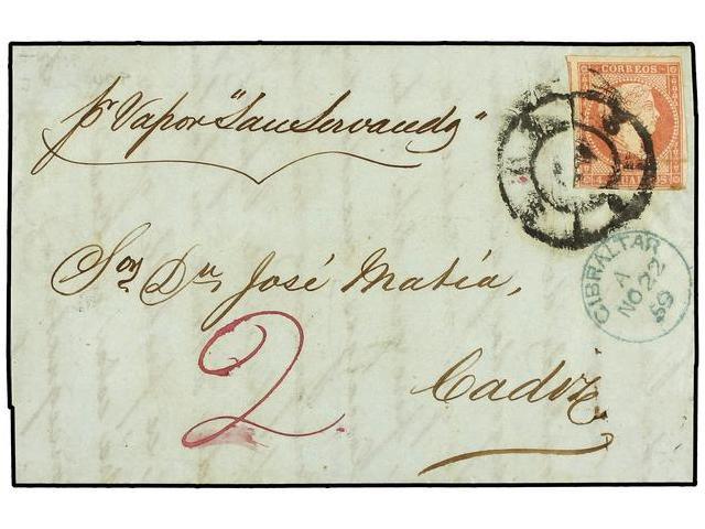 GIBRALTAR. 1859. GIBRALTAR To CADIZ. Endorsed ´Por Vapor Pensamiento´, Manuscript ´2´ Pence Ship Letter Rate Paying In C - Autres & Non Classés