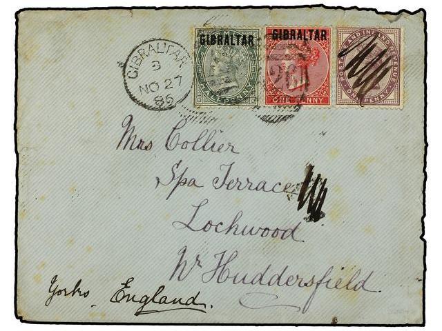 GIBRALTAR. 1886 (Nov 27). Cover To HUDDERSFIELD Franked Initially With Great Britain 1d. Lilac Cancelled In Manuscript ( - Autres & Non Classés