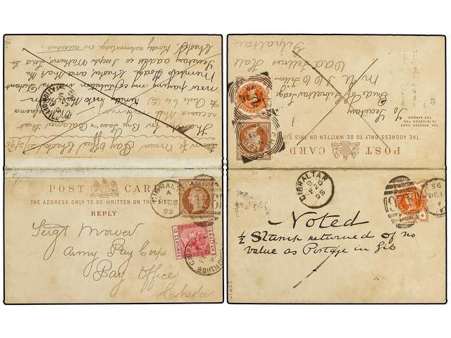 GIBRALTAR. 1895 (Feb. 21). Great Britain ½d. + ½d. Brown Postal Stationery Reply Card Up-rated With ½d. Vermilion Tied B - Autres & Non Classés