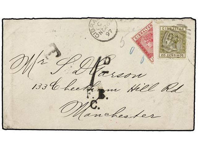 GIBRALTAR. 1897 (Nov 26). Cover To MANCHESTER Franked By Spanish Currency 1896 20c. Olive Green & Brown Tied By ´A26´ Ob - Autres & Non Classés